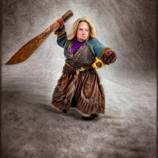 Prompt: photorealistic photograph of female dwarf with axe by Suzi Eszterhas, photorealism, photorealistic, realism, real, highly detailed, ultra detailed, detailed, f/2.8L Canon EF IS lens, Canon EOS-1D Mark II, Wildlife Photographer of the Year, Pulitzer Prize for Photography, 8k
