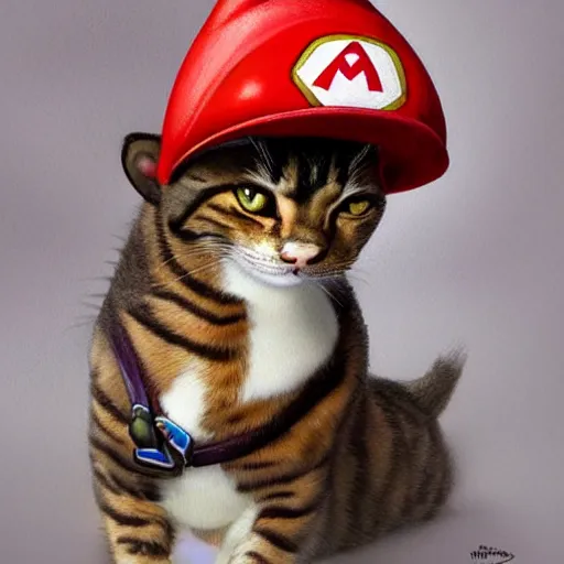 Image similar to Portrait of a Cat dressed as Super Mario, Mario hat, kawaii aesthetic, nintendo, highly detailed, digital painting, artstation, concept art, smooth, sharp focus, illustration, art by artgerm and greg rutkowski and alphonse mucha