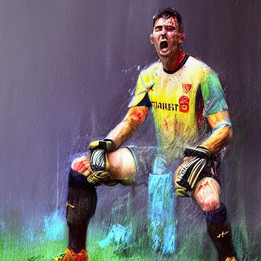 Prompt: A realistic hyperdetailed multi-colored digital oil full body portrait painting of a goal keeper crying on a soccer field in the style of Guy Denning, Ruan Jia, and Craig Mullins. Trending on ArtStation and DeviantArt. CGSociety Digital art.