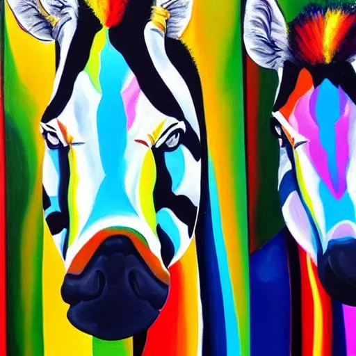 Prompt: two zebras front and back, abstract oil painting in rainbow colors