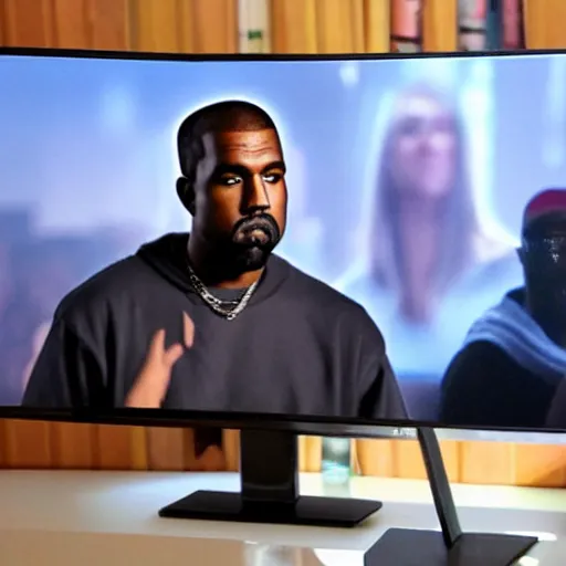 Image similar to Kanye West interested and watching a Minecraft lets play on his TV