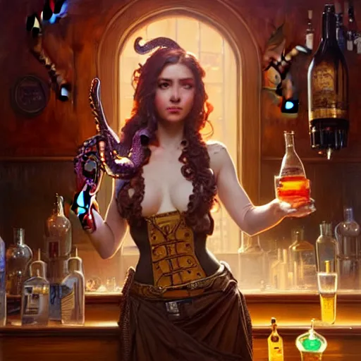 Prompt: an attractive young woman with octopus tentacle arms, working at an old west saloon serving drinks, fantasy, intricate, elegant, highly detailed, digital painting, artstation, concept art, matte, sharp focus, illustration, art by artgerm and greg rutkowski and alphonse mucha