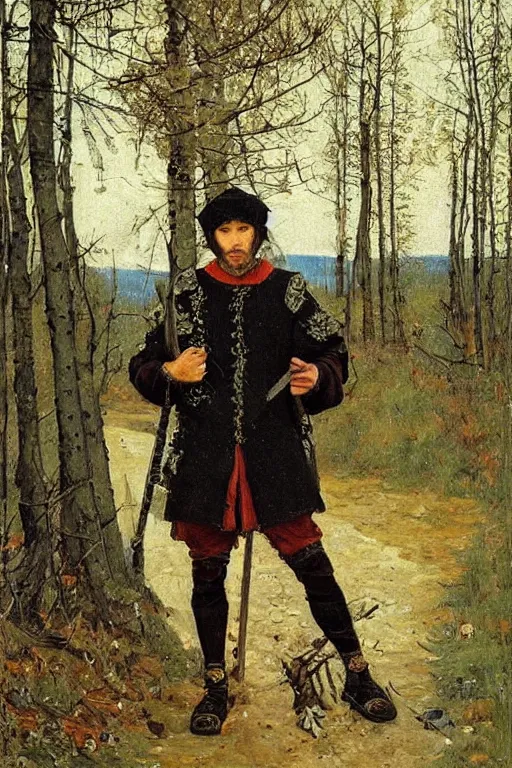 Prompt: Heroic medieval man in black adidas jacket armor, full body, beautiful russian nature, painting by vasnetsov