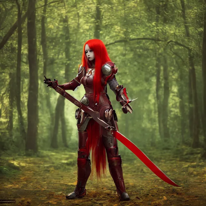 Image similar to a girl with long red hair wearing a red plate armor and holding a big red sword in a forest, 3d render, octane render, unreal engine 5, 8k hdr, hyperrealistic, highly detailed, high quality, concept art, trending on Artstation, full-body armor