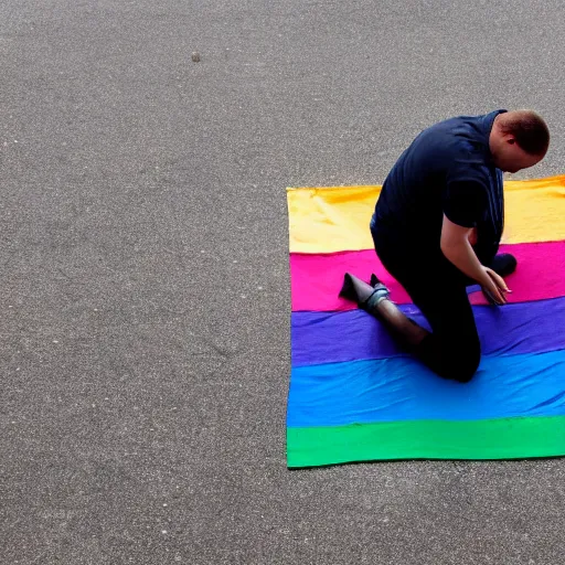 Image similar to lgbt man kneeling on the ground crying, his hands on the ground, holding an lgbt flag, tears coming down his eyes