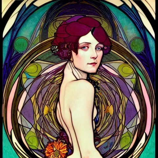 Image similar to The Goddess of Creation, beautiful eyes, symmetrical face, paint, ink, palettes, spectrum, in the style of Joshua Middleton, Mucha, Kandinsky