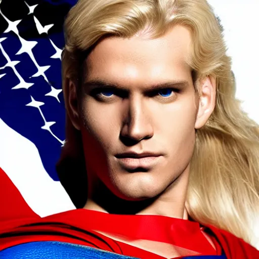 Prompt: portrait of blonde superman with blonde hair he is blinde and thin face lines, his cape is the american flag