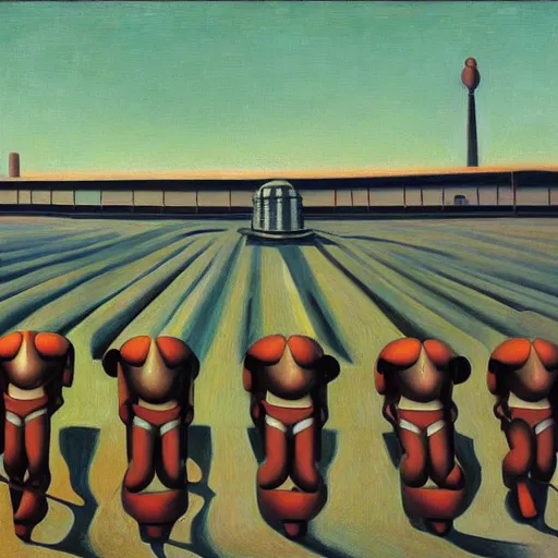 Image similar to prostrate robots, behemoth alien shaman god, grant wood, pj crook, edward hopper, oil on canvas