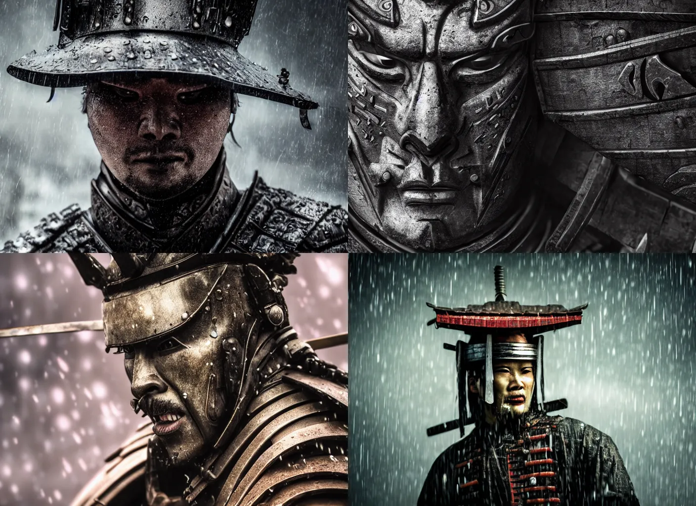 Prompt: close - up frontal shot of a samurai made of architectural elements, rainy background, futuristic and dark atmosphere, technology and post - human mood, hyper - detailed, ultra - realistic universe, 8 k, post - production, photo real ultra high detail, cinematic lighting, apocalyptic world