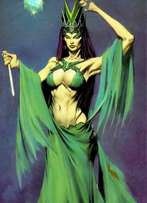 Image similar to mighty female necromancer sorceress, green tiara, strong line, deep color, beautiful! coherent! by frank frazetta, by brom, low angle