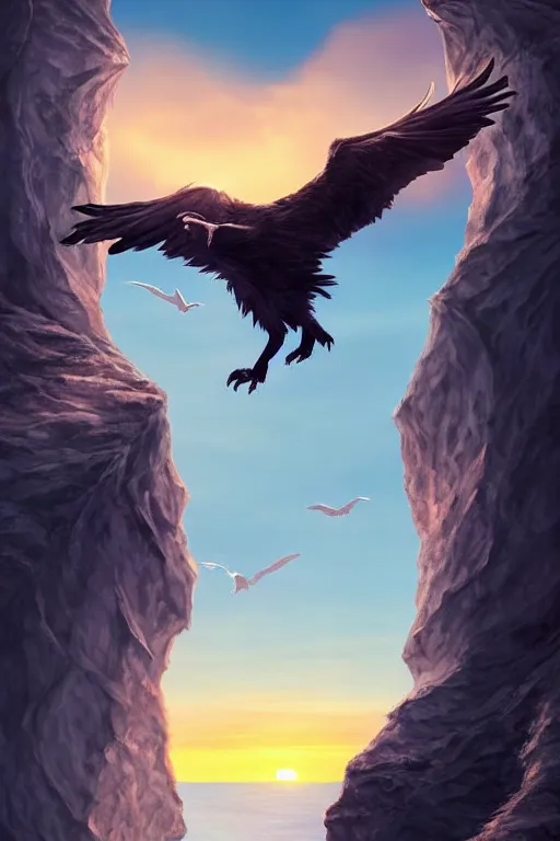 Image similar to elderly man falling off a cliff, tragic moment, 8 k, art by artgerm, award winning photo, sunset in background, wolfs growling on cliff edge, ravens in the sky, highly - detailed