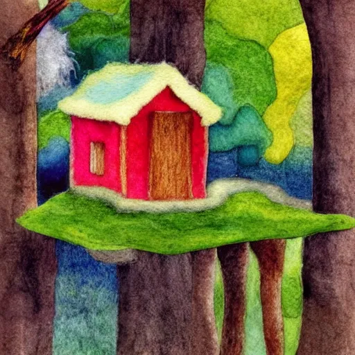 Image similar to small wooden house in the middle of spring forest, bright colours, watercolor, volumetric wool felting, macro photography, children illustration, by giorgio de chirico