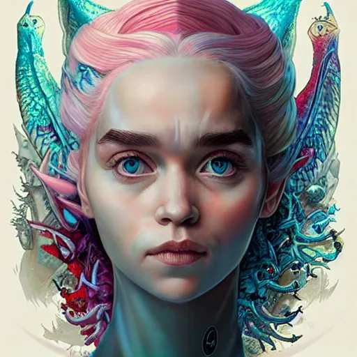 Image similar to Lofi BioPunk portrait daenerys targaryen with three dragons, Pixar style by Tristan Eaton Stanley Artgerm and Tom Bagshaw