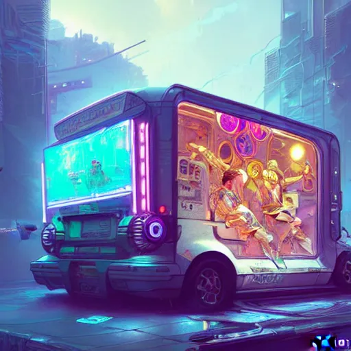 Image similar to a cyberpunk ice cream truck digital painting, intricate, elegant, highly detailed, artstation, concept art, matte, sharp focus, illustration, art by Artgerm and Greg Rutkowski and Alphonse Mucha