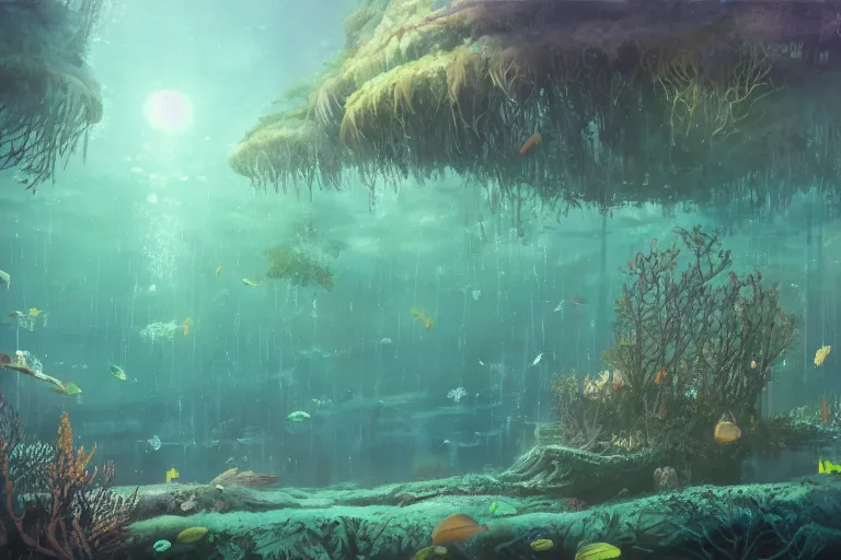 Prompt: Underwater forest ecosystem by Shaun Tan and Hiroshi Yoshida, trending on artstation