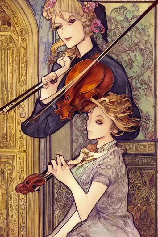 Image similar to beautiful blonde girl, expressively playing the violin, in a venetian outfit, illustration, manga, on the roof of a burning building, highly detailed, artstation, illustration, jurgens, alfonse mucha, vatican style, canon eos r 3