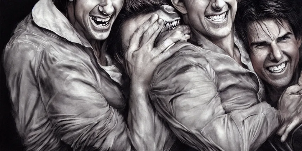 Prompt: hyper realistic tom cruise hugging tom cruise, hugging tom cruise, all overly excited, jaw unhinged with laughter and smiling, all teeth, kinda disturbing but really funny, tom has evil eyes, like super evil looking, by greg rutkowski, scott m fischer, artgerm, loish, slight glow, atmospheric, anne stokes, alexandros pyromallis