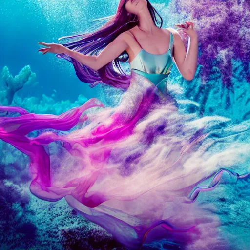 Image similar to beautiful realistic woman dancing underwater wearing a flowing dress made of blue, magenta, and yellow seaweed, delicate coral sea bottom, swirling silver fish, swirling smoke shapes, octane render, caustics lighting from above, cinematic