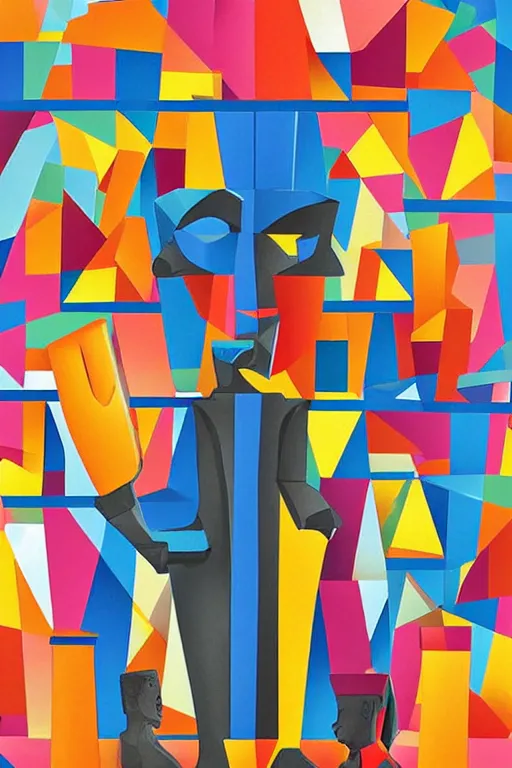 Image similar to cubist moai statue cutout digital illustration cartoon colorful beeple