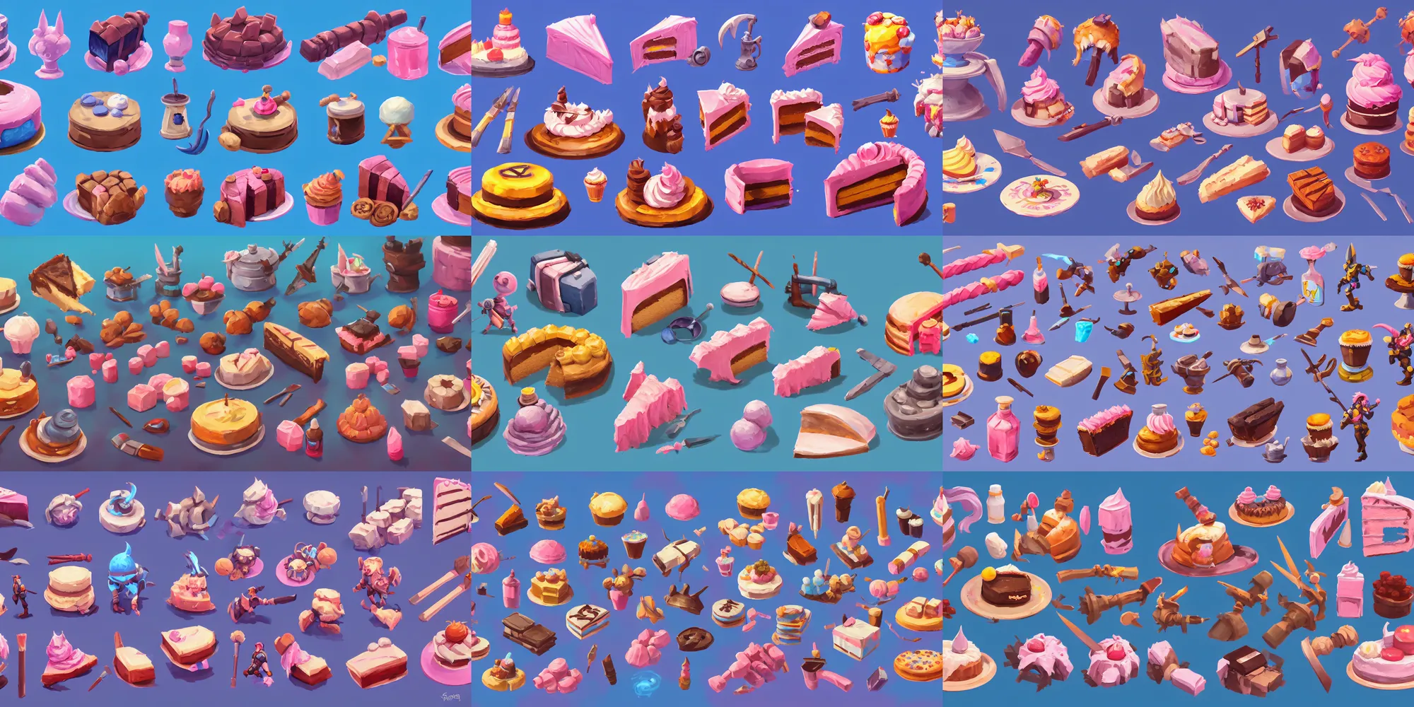 Prompt: game asset of cakes and dessert, in gouache detailed paintings, props, stylized, 2 d sprites, kitbash, arcane, overwatch, blue and pink color scheme, 8 k, close up