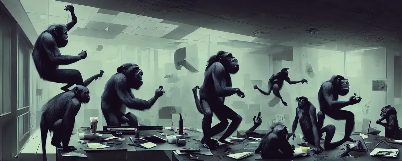 Image similar to duotone noir concept illustration of group wild and crazy chimps ruining inside of modern office computer rooms, octane render, concept hideo kojima surreal atmosphere, volumentric lighting. cosmic horror. accidental renaissance. by sachin teng and sergey kolesov and ruan jia and heng z. graffiti art, scifi, fantasy, hyper detailed. trending on artstation