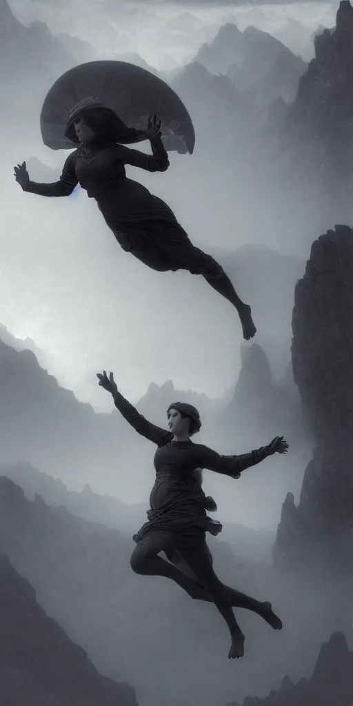 Image similar to A beautiful female alien flying over a foggy snowy mountain, Realistic, Refined, Detailed Digital Art, Oil Painting, William-Adolphe Bouguereau, Renaissance, Highly Detailed, Cinematic Lighting, black and white, tintype, Unreal Engine, 8K