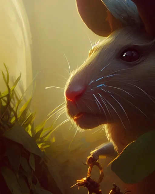 Image similar to highly detailed vfx portrait of a rat, unreal engine, greg rutkowski, loish, rhads, beeple, makoto shinkai and lois van baarle, ilya kuvshinov, rossdraws, tom bagshaw, alphonse mucha, global illumination, detailed and intricate environment