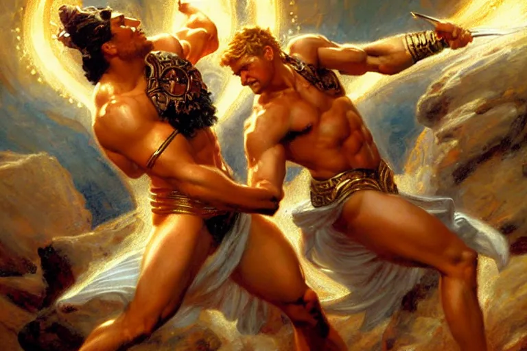 Image similar to zeus banishes ares from olympus, painting by gaston bussiere, craig mullins, j. c. leyendecker, tom of finland