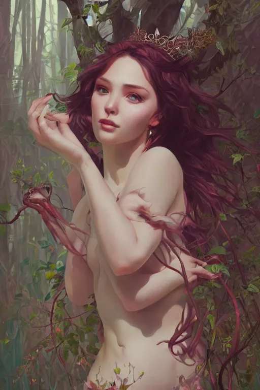 Prompt: full body portrait of forest queen akimbo highly detailed, digital painting, artstation, concept art, smooth and sharp focus, illustration, art by tian zi and wlop and alphonse mucha