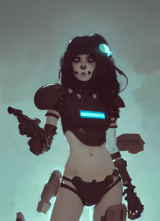 Prompt: portrait of cute goth girl in bikini cyborg armor, warhammer, by atey ghailan, by greg rutkowski, by greg tocchini, by james gilleard, by joe gb fenton, by in kaethe butcher, dynamic lighting, gradient light blue, brown, blonde cream and white color in scheme, grunge aesthetic