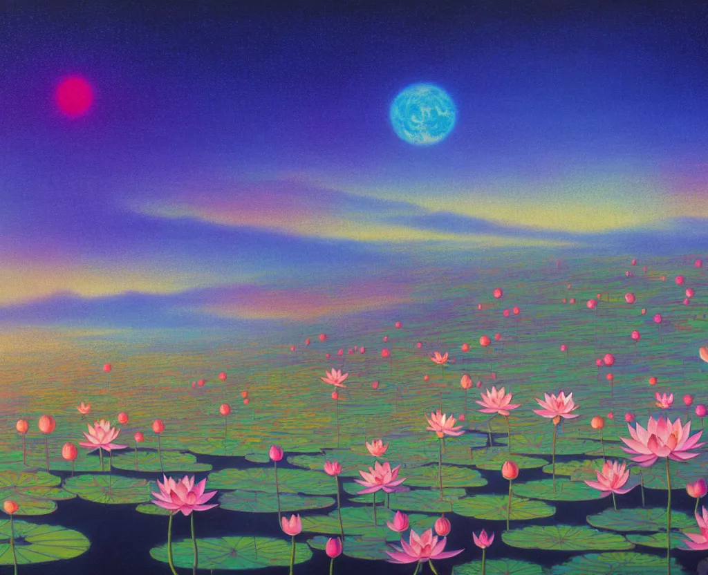 Image similar to a landscape pastel in the style of noriyoshi ohrai of a field of lotus flowers, glowing with iridescent mana, night time early dawn. key art. 4 k retrofuturistic fantasy