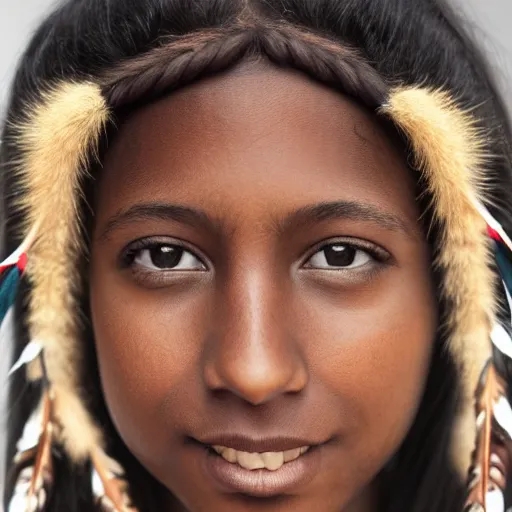 Prompt: Portrait of a dark skinned young woman who looks native american at a mall, highly detailed, photograph, award winning,