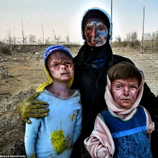 Image similar to selfie of the last surviving ukrainian with children, wild pain and damage to the body burns alive to the bone, painted in dirty yellow - blue colors, a huge nuclear explosion is approaching in the background