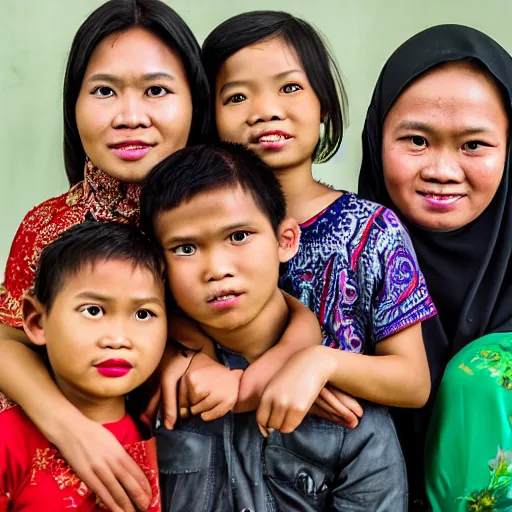 Prompt: an indonesian family portrait, hyperdetailed intricate, facial expressions, high resolution, 4 k hd