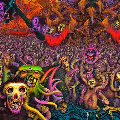 Image similar to digital painting of demons in rave party in hell by Chor Boogie, intricate details, ultra detailed, 4K, award-winning, touch of M. C. Escher