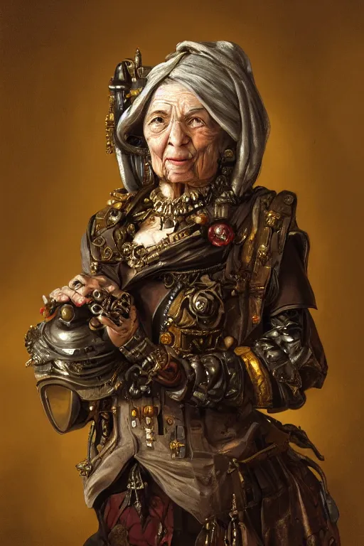 Image similar to portrait, headshot, digital painting, of a old 17th century, old lady cyborg merchant, amber jewels, baroque, ornate clothing, scifi, futuristic, realistic, hyperdetailed, chiaroscuro, concept art, art by waterhouse and witkacy