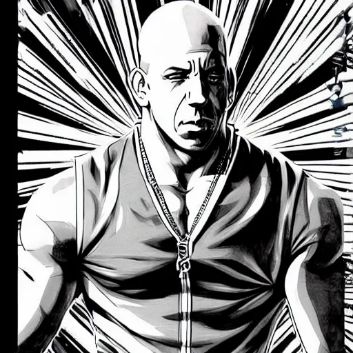 Image similar to Digital painting of Vin Diesel wearing strange clothes walking like a Italian model in JoJo\'s Bizzare Adventure anime style, official media from JoJo\'s Bizzare Adventure, highly detailed, sharp focus, screentone shading, sligthly hard shadows, 1990 manga panel, trending on ArtStation, manga cover art by Hirohiko Araki