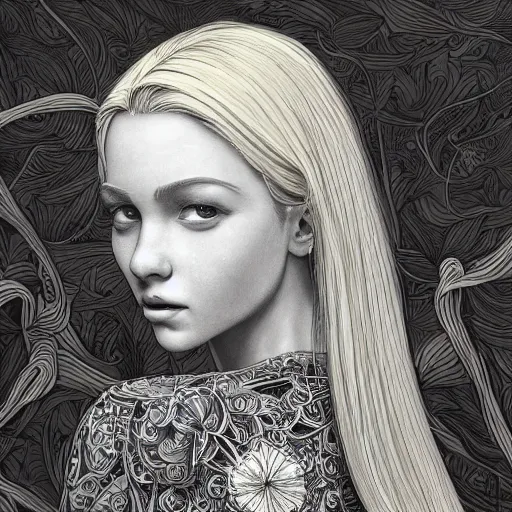 Image similar to a portrait of an incredibly beautiful, colorful, graceful, elegant, and sophisticated young blonde girl made of garlic, an ultrafine detailed illustration by james jean, intricate linework, bright colors, final fantasy, behance contest winner, vanitas, angular, altermodern, unreal engine 5 highly rendered, global illumination, radiant light, detailed and intricate environment