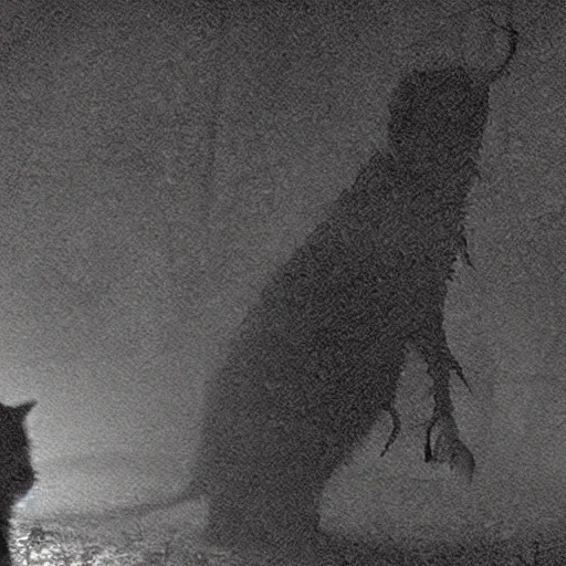 Prompt: giant scary horror creature emerges from the darkest shadows, trail cam footage