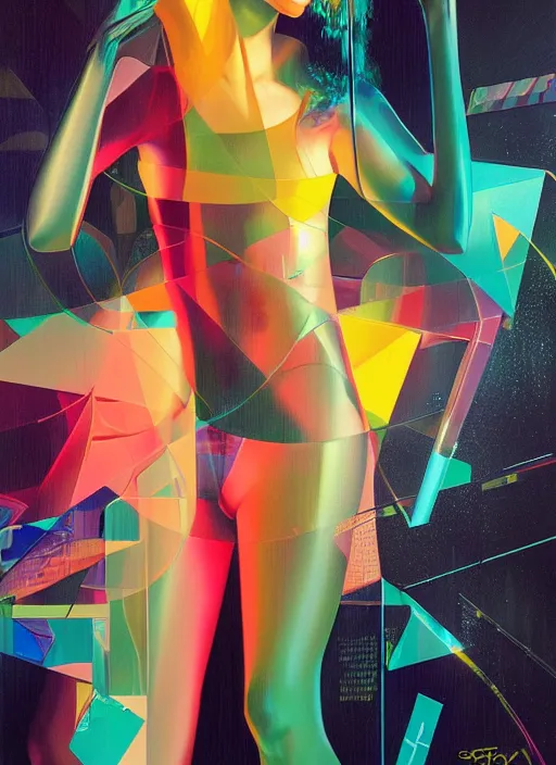 Prompt: futuristic lasers, data visualization, cyberpunk visor rain, wet, oiled, sweat, girl pinup, by steven meisel, james jean and rolf armstrong, geometric cubist acrylic and hyperrealism photorealistic airbrush painting with retro and neon colors