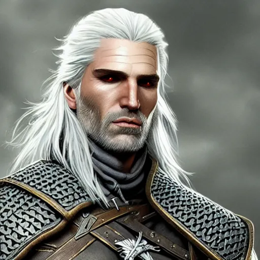 Image similar to Geralt of Rivia, golden eyes, silver hair, wolf pedant, 4k, artstation, cgsociety, award-winning, masterpiece, stunning, beautiful, glorious, powerful, fantasy art