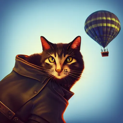 Prompt: Over-the,shoulder shot of a cat sitting in a hot air balloon, sunset time, steampunk tyle, digital art, matte painting, trending on artstation and unreal engine