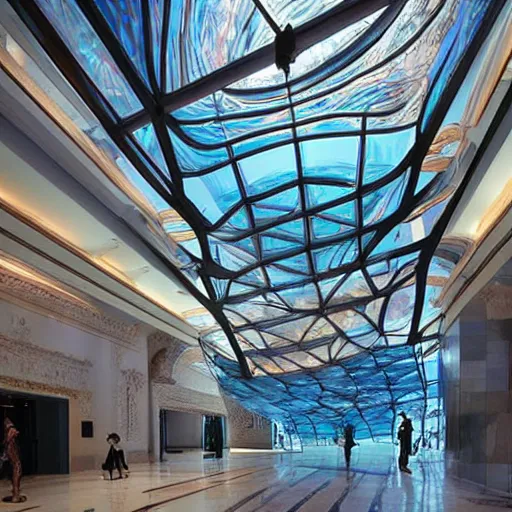 Prompt: extremely detailed ornate stunning beautiful futuristic museum lobby interior for aquatic life theme with large aquariums as the walls by Zaha Hadid