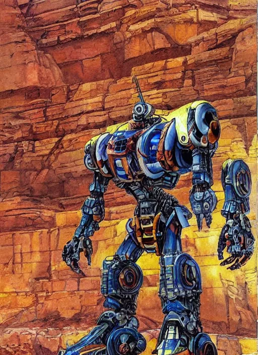 Image similar to realistic physically based rendering of a giant mechanical robot wasp at the grand canyon by jack kirby!!! and simon bisley, epic, awesome trendy color palette, cinematic, diorama