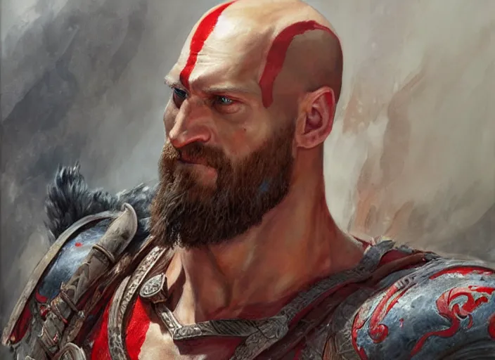 Image similar to a highly detailed beautiful portrait of alexander skarsgard kratos hybrid god of war, by gregory manchess, james gurney, james jean, octane, fantasy