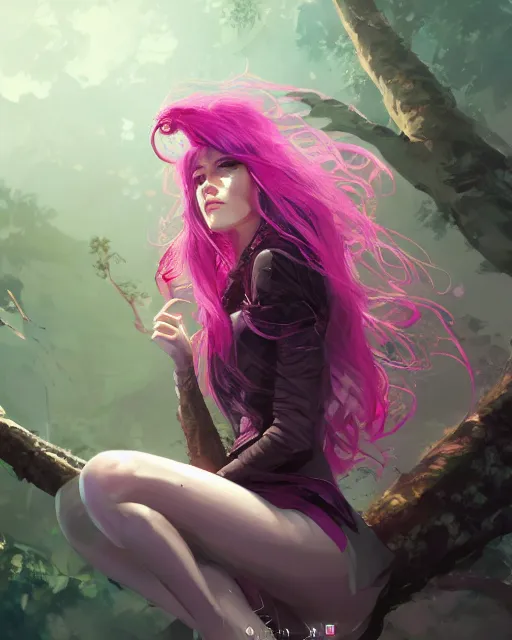 Image similar to a highly detailed digital art of A beautiful woman, with medium length magenta hair covering an eye, and a tall tree, and large obsidian crystals, cinematic lighting, dramatic atmosphere, by Dustin Nguyen, Akihiko Yoshida, Greg Tocchini, Greg Rutkowski, Cliff Chiang, 4k resolution, trending on artstation