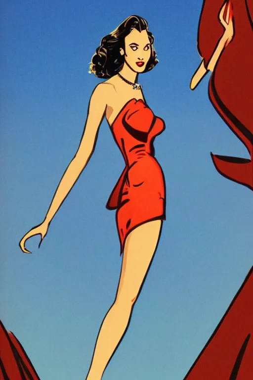 Image similar to full body illustration of a beautiful gal gadot in the style of bill medcalf, mario testino, blue sky with a few clouds, retro, 1 9 5 0, detailed, 1 / 3 headroom, cinematic rule of thirds