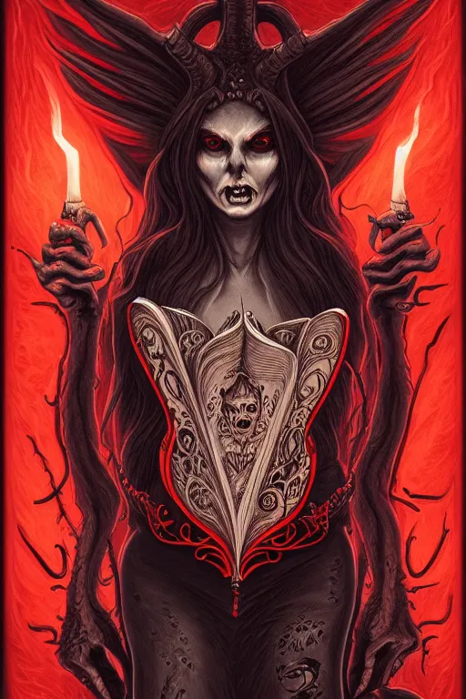 Prompt: illustration of demoness with a book of necronomicon, symmetrical, cinematic, sharp focus, 4 k, ultra hd, sense of awe, sinister demonic atmosphere, dreadful, forbidden knowledge, old gods. demonology journal cover