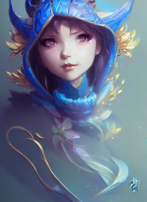 Image similar to cute little dragon flowers, blue black pink, gold, diamonds, highly detailed, artgerm, cushart krenz, artstation, soft light, sharp focus, illustration, character design, concept art