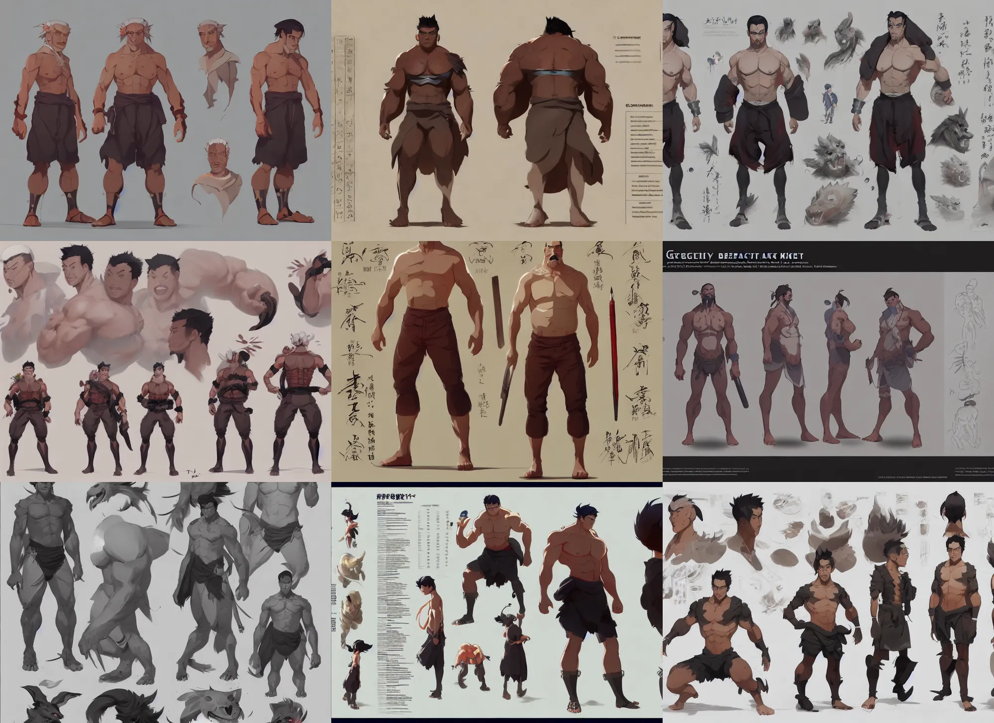 Prompt: character sheet for a asian beefy male, for genshin impact by greg rutkowski, by studio ghibli, digital art, trending on artstation, hd, 8 k, highly detailed, good lighting, beautiful, masterpiece